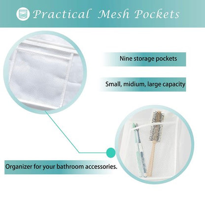 Mrs Awesome Water-Repellent Fabric Shower Curtain or Liner with 9 Handy Mesh Pockets, Premium Thick Cloth & Opaque, Washable, 71 x 72 inches, Rust Proof Grommets, White