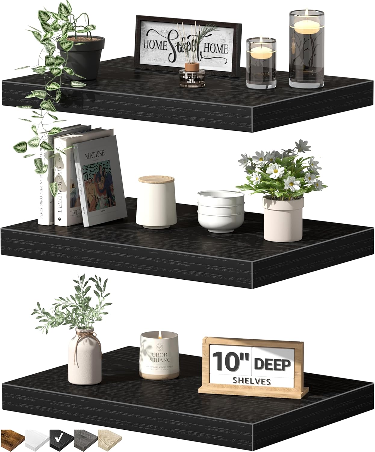 QEEIG 10" Deep Floating Shelves - Set of 3 Black Wall-Mounted Bookshelves for Bathroom, Bedroom & Kitchen