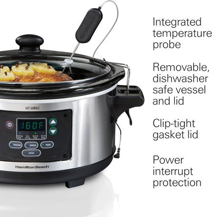 Hamilton Beach 6 Quart Digital Programmable Slow Cooker - Lid Lock, Temperature Probe, Stainless Steel