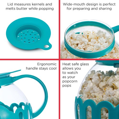 Ecolution Micro-Pop Microwave Popcorn Popper - 1.5-Quart BPA-Free Glass with 3-in-1 Lid | Teal