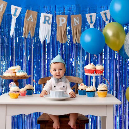 Blue Streamers | Party Decorations - 3.3x8.2ft Dark Blue Tinsel Backdrop for Ocean Themed Events