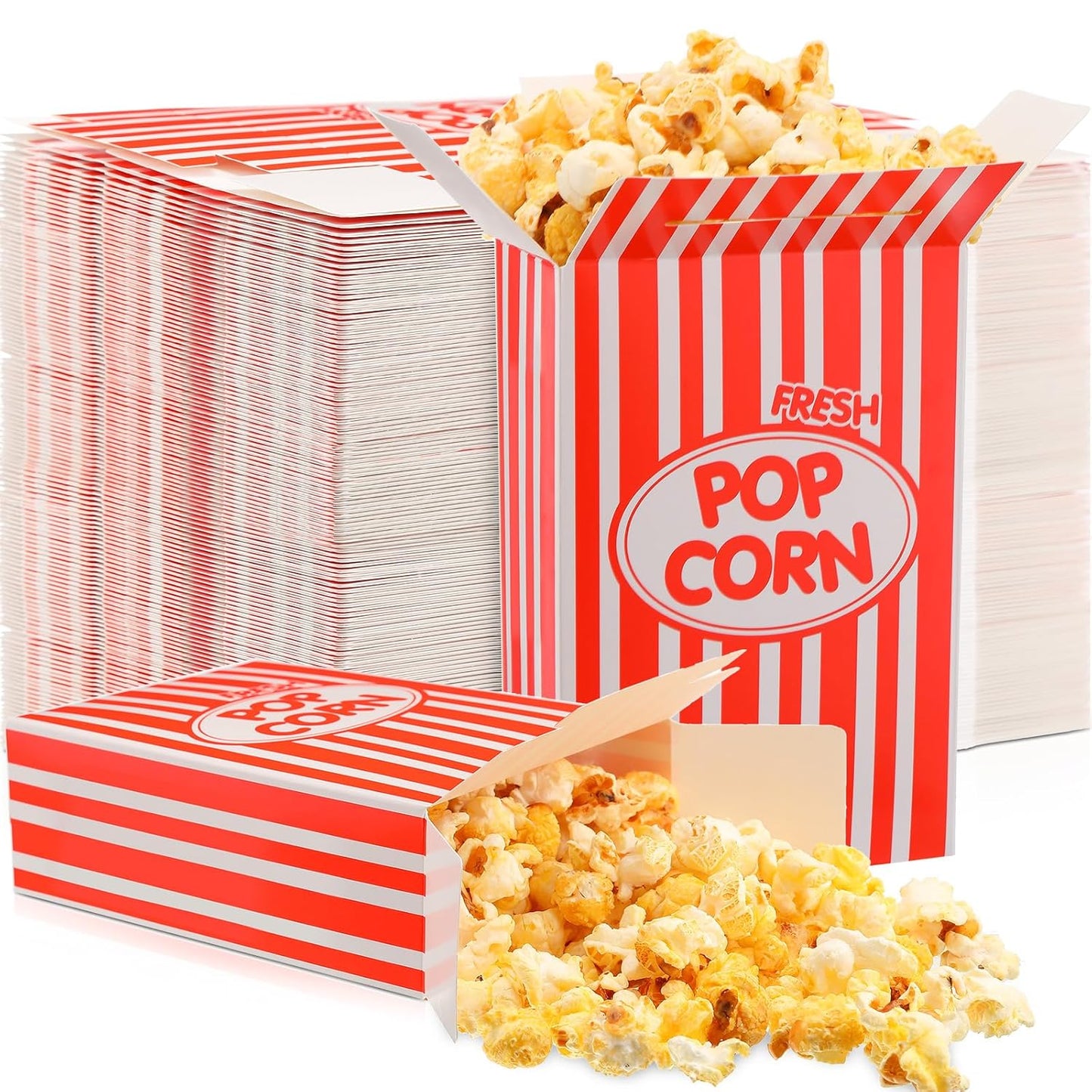 Xinnun 300 Pcs Disposable Popcorn Boxes - Oil Proof, Leak Proof, 1 oz Striped Containers | 6 x 4 x 2 Inch Red for Parties & Movie Nights