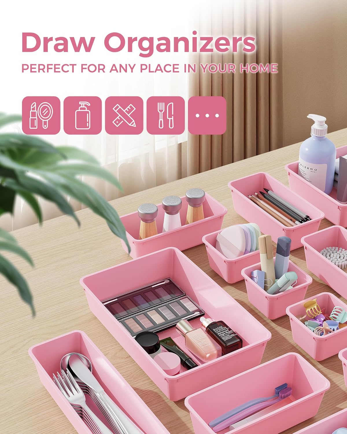 BiuLeon 25 PCS Plastic Drawer Organizers Set - Versatile Vanity & Makeup Storage | 4 Sizes in Pink