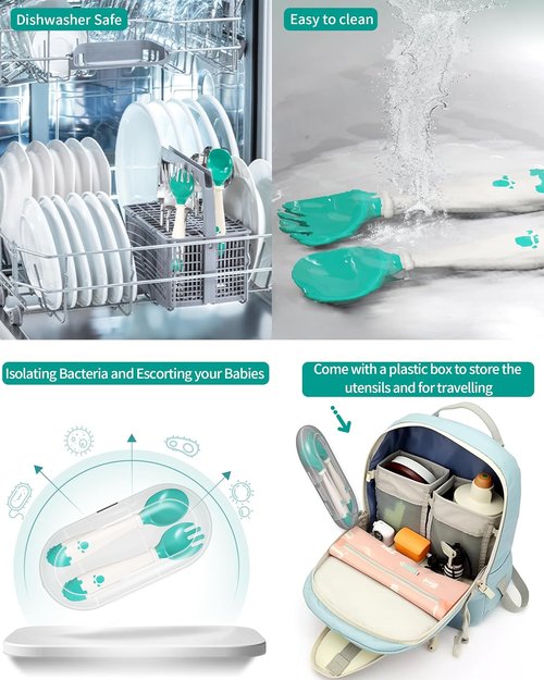 Deejoy Toddler Utensils - Self-Feeding Flatware Set with Travel Case | Silicone Bendable Handles, Easy Grip, Stage 2 Green