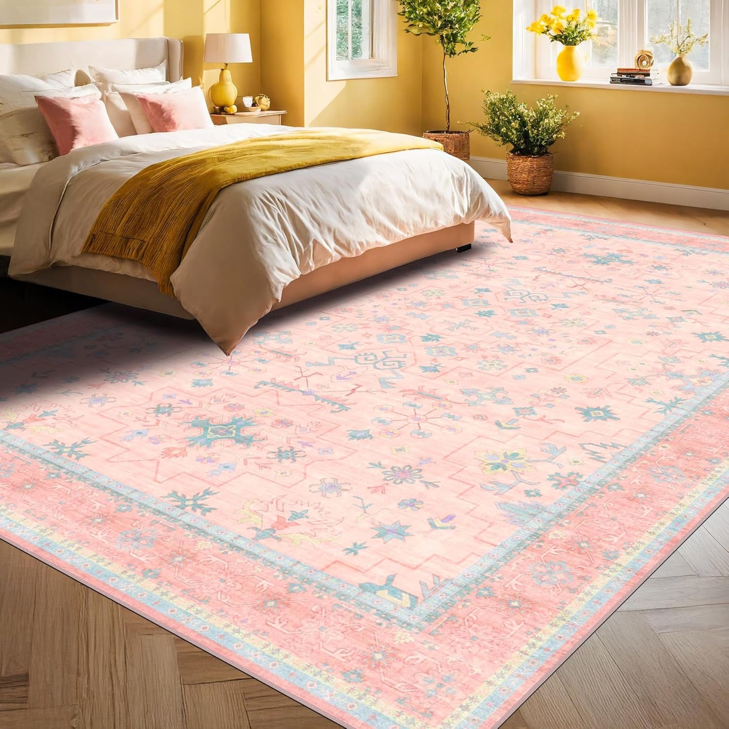 Oushak Rugs | Washable Pink & Blue 9x12 Living Room Rug | Modern Floral Design, Soft Faux Wool
