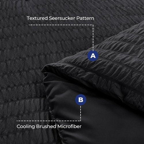 HYMOKEGE Queen Comforter Set - Black Oversized Seersucker 7-Piece Luxury Bedding | All-Season Bed in a Bag
