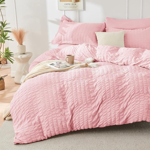 HYMOKEGE King Size Comforter Set - 7-Piece Luxury Bedding Set in Pink | All-Season Seersucker Design