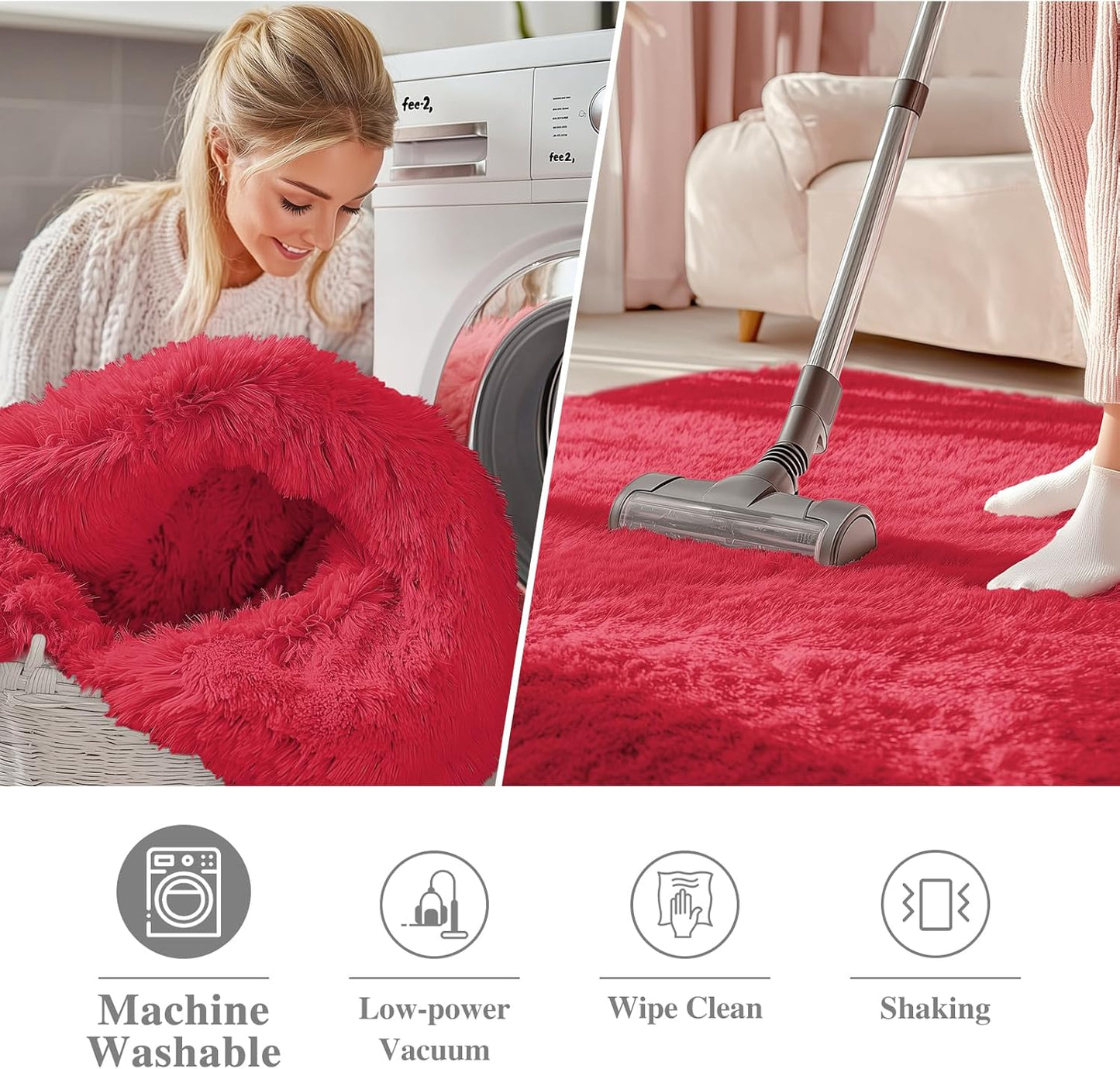 OLANLY Red Round Area Rug - Soft, Fluffy, Machine Washable 5 ft Circle Carpet for Bedroom & Living Room Decor