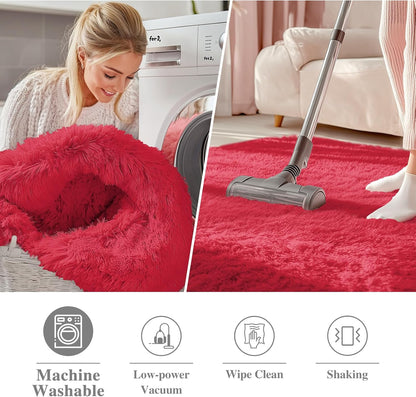 OLANLY Red Round Area Rug - Soft, Fluffy, Machine Washable 5 ft Circle Carpet for Bedroom & Living Room Decor