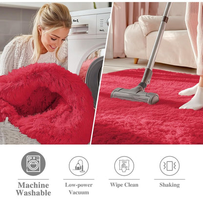 OLANLY Red Round Rugs for Bedroom - Machine Washable, 4 ft Circle Area Rugs for Living Room, Soft and Fluffy Shaggy Carpet for Teen Girls and Boys, Nursery Rooms, Dorms, Home Decor Aesthetic