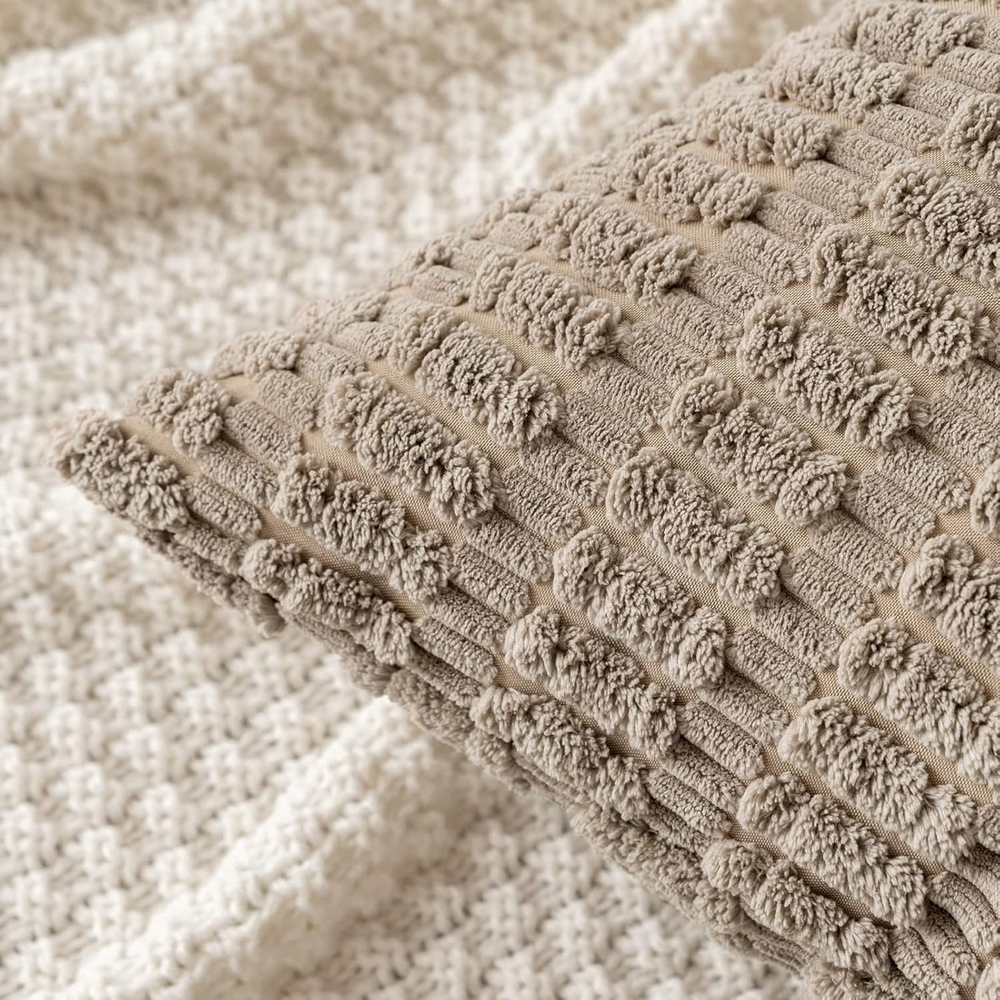 MIULEE Euro Sham Pillow Covers - Soft Boho Striped Corduroy | Pack of 2, 26x26 Inch, Light Brown