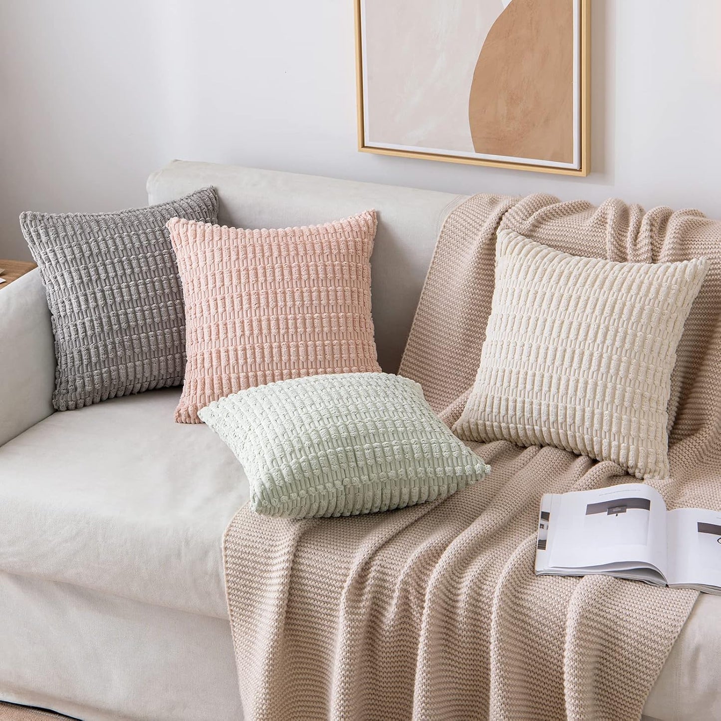 MIULEE Decorative Throw Pillow Covers - Soft Boho Striped Corduroy | 16x16 Inch Light Green, Set of 2