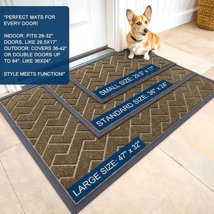 OLANLY Waterproof All-Season Front Door Mat - Sturdy Natural Rubber, Low Profile, Herringbone Brick (Brown, 59x23)