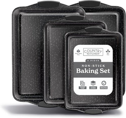 Country Kitchen Nonstick Bakeware Set - Heavy Duty & Easy Release | 4-Piece Black Stackable Set