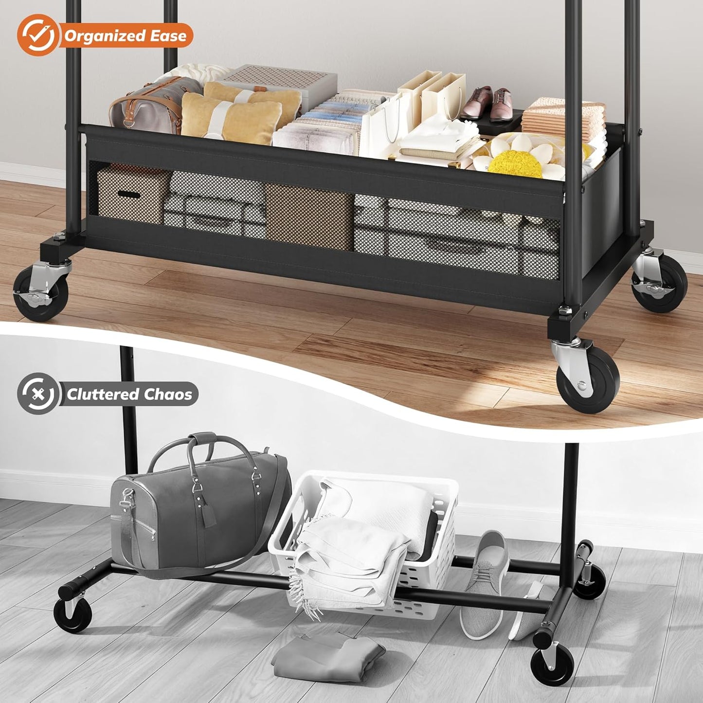 Skiennix Double Rod Clothing Rack - Heavy Duty Rolling Garment Rack with Storage Basket | Black