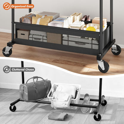 Skiennix Double Rod Clothing Rack - Heavy Duty Rolling Garment Rack with Storage Basket | Black