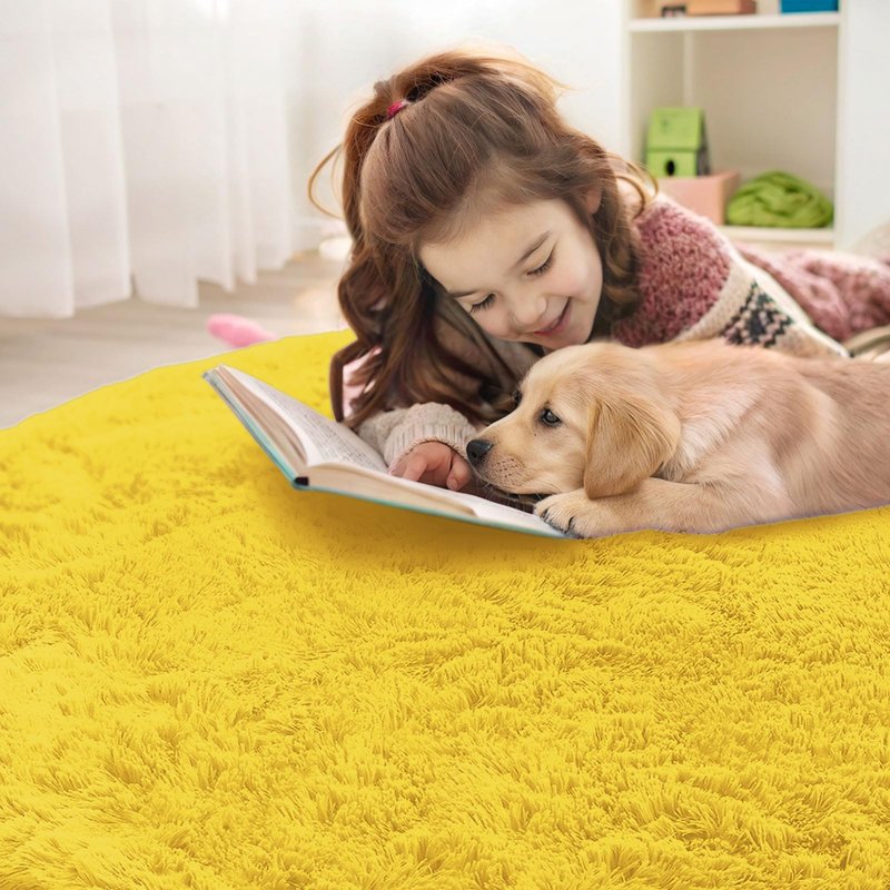 OLANLY Yellow Round Rugs for Bedroom - Machine Washable, 2 ft Circle Area Rugs for Living Room, Soft and Fluffy Shaggy Carpet for Teen Girl and Boys, Nursery Rooms, Dorms, Home Decor Aesthetic