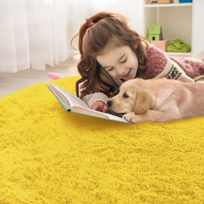 OLANLY Yellow Round Rugs for Bedroom - Machine Washable, 2 ft Circle Area Rugs for Living Room, Soft and Fluffy Shaggy Carpet for Teen Girl and Boys, Nursery Rooms, Dorms, Home Decor Aesthetic