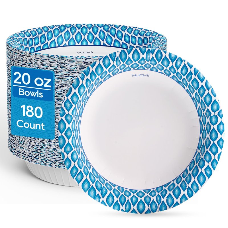 MUCHII 20 Oz Paper Bowls 180 Count Disposable Bowls, Printed Soak Proof Large Bowls for Breakfast, Lunch, and Dinner Meals