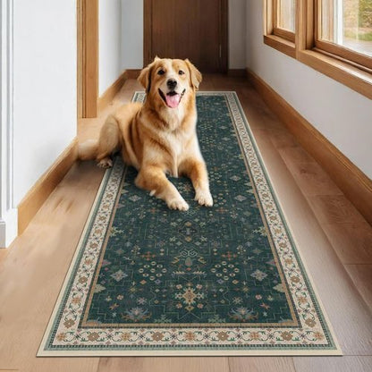 Hazo Haus Dark Green Kitchen Runner Rug - Modern Vintage Boho Floral Pattern, 2x8 ft Non-Slip, Washable