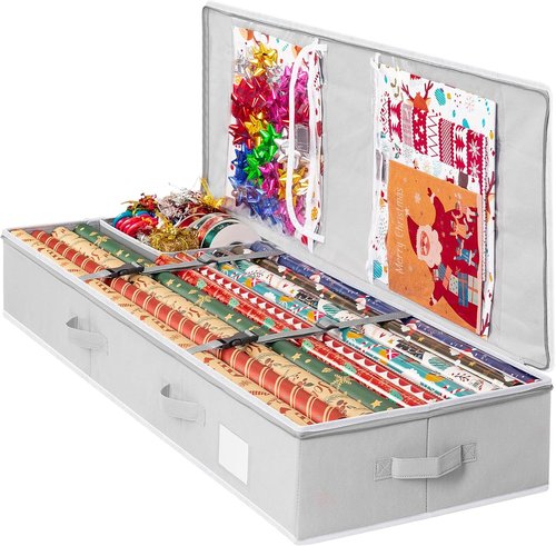 Criusia Gift Wrapping Paper Organizer - Durable Underbed Storage for 24 Rolls with Removable Dividers & Pockets | Grey