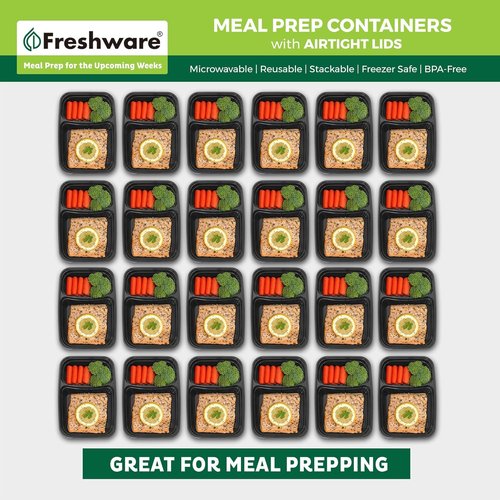 Freshware Meal Prep Containers - 15 Pack 2-Compartment Food Storage Bento Boxes | BPA-Free, Stackable, 28 oz, Black