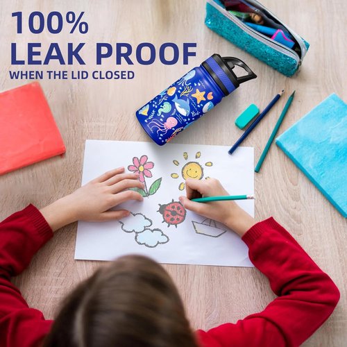 Fanhaw Insulated Kids Water Bottle - 14 Oz Stainless Steel, Leakproof & BPA-Free, Blue Construction Design