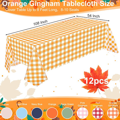Regine Switzerland 12 Pack Orange Gingham Tablecloths - 54 x 108 Inch Waterproof Disposable Covers for Parties & Picnics