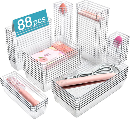 Vtopmart 88PCS Clear Plastic Drawer Organizers - Versatile Storage Bins for Makeup, Kitchen & Office