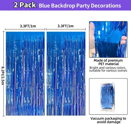 Blue Streamers | Party Decorations - 3.3x8.2ft Dark Blue Tinsel Backdrop for Ocean Themed Events