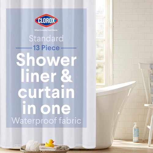 Clorox 2-in-1 Bathroom Shower Curtain Liner w Metal Hooks, Durable Fabric, Weighted Magnets for Bath Water Control, Washable Premium Quality, Modern - 72" x 72" White