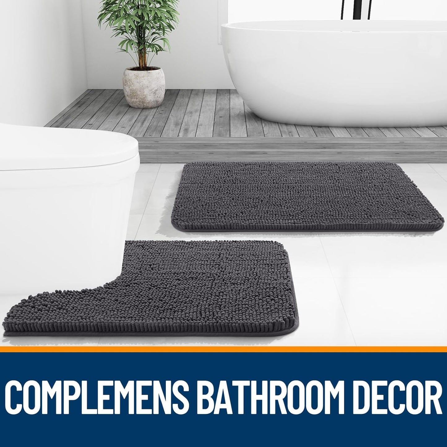 OLANLY Large Bathroom Rugs - Extra Soft Chenille Bath Mat | Quick-Dry Rubber Backing, 59x35, Dark Grey