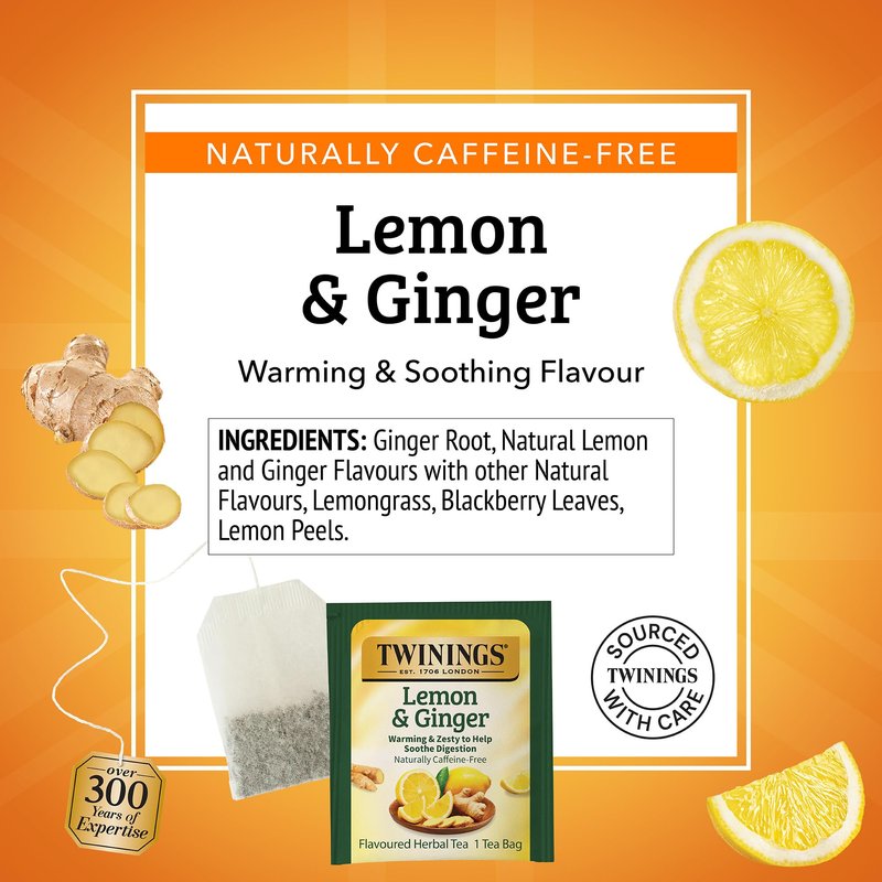 Twinings Lemon & Ginger Herbal Tea Individually Wrapped Bags, 50 Count (Pack of 6), Tangy Lemon & Spicy Ginger, Naturally Caffeine-Free, Enjoy Hot or Iced, 300 Teabags