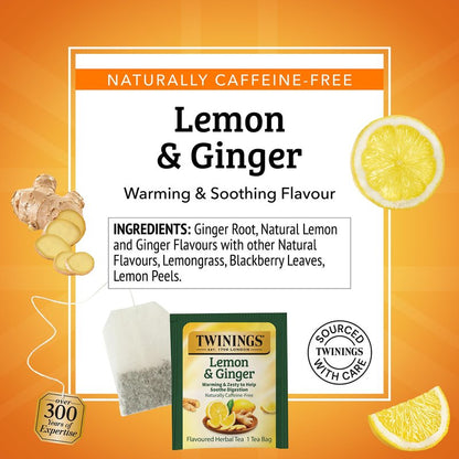 Twinings Lemon & Ginger Herbal Tea Individually Wrapped Bags, 50 Count (Pack of 6), Tangy Lemon & Spicy Ginger, Naturally Caffeine-Free, Enjoy Hot or Iced, 300 Teabags