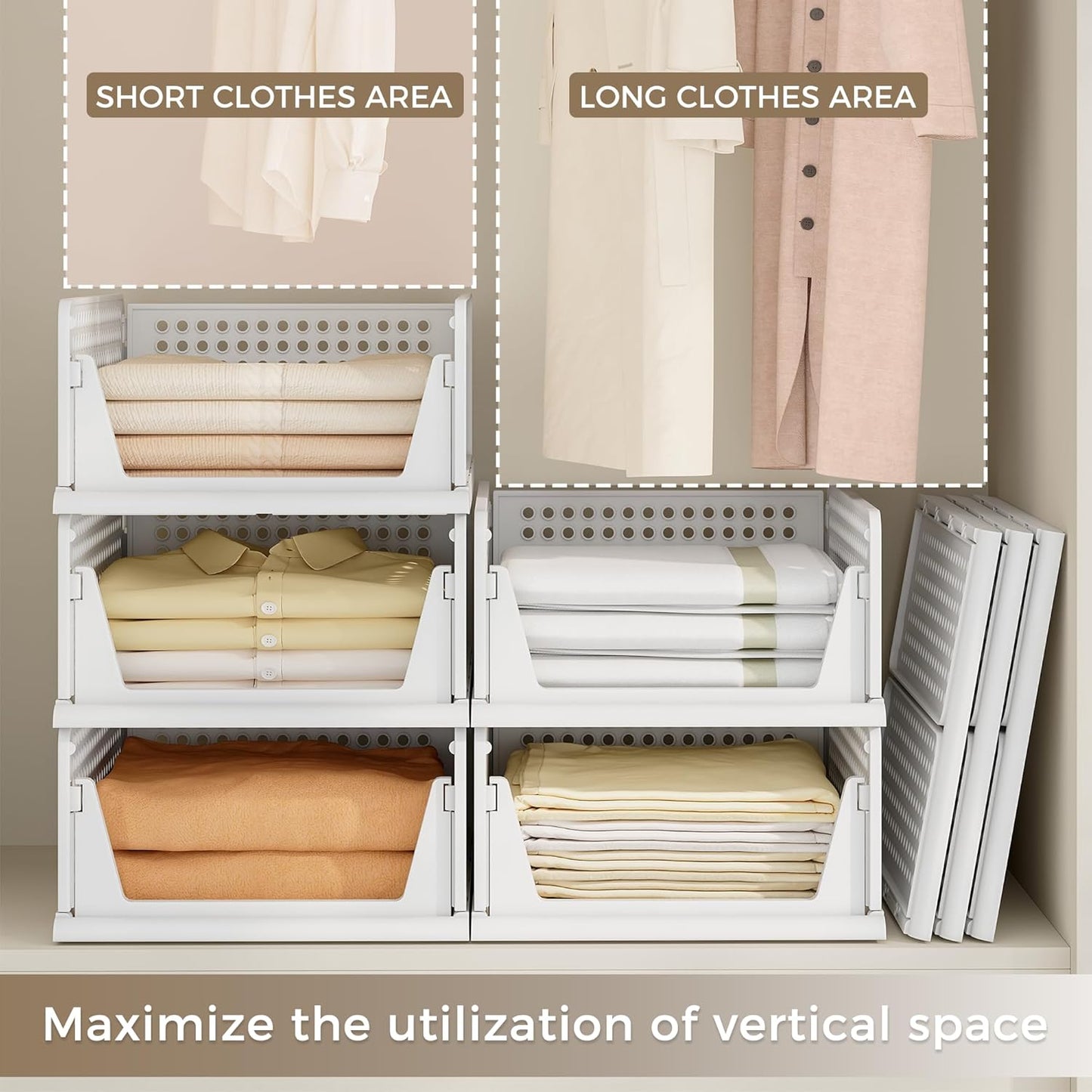 Pinkpum 8-Pack Closet Organizers - Stackable Plastic Storage Bins for Wardrobe, Kitchen & Bathroom - White