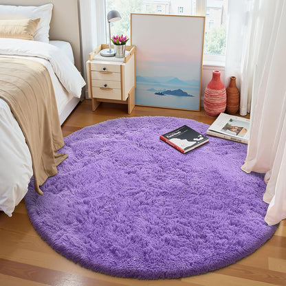 OLANLY Purple Round Area Rug - Soft, Fluffy, Machine Washable 4 ft Circle Rug for Bedroom & Living Room Decor