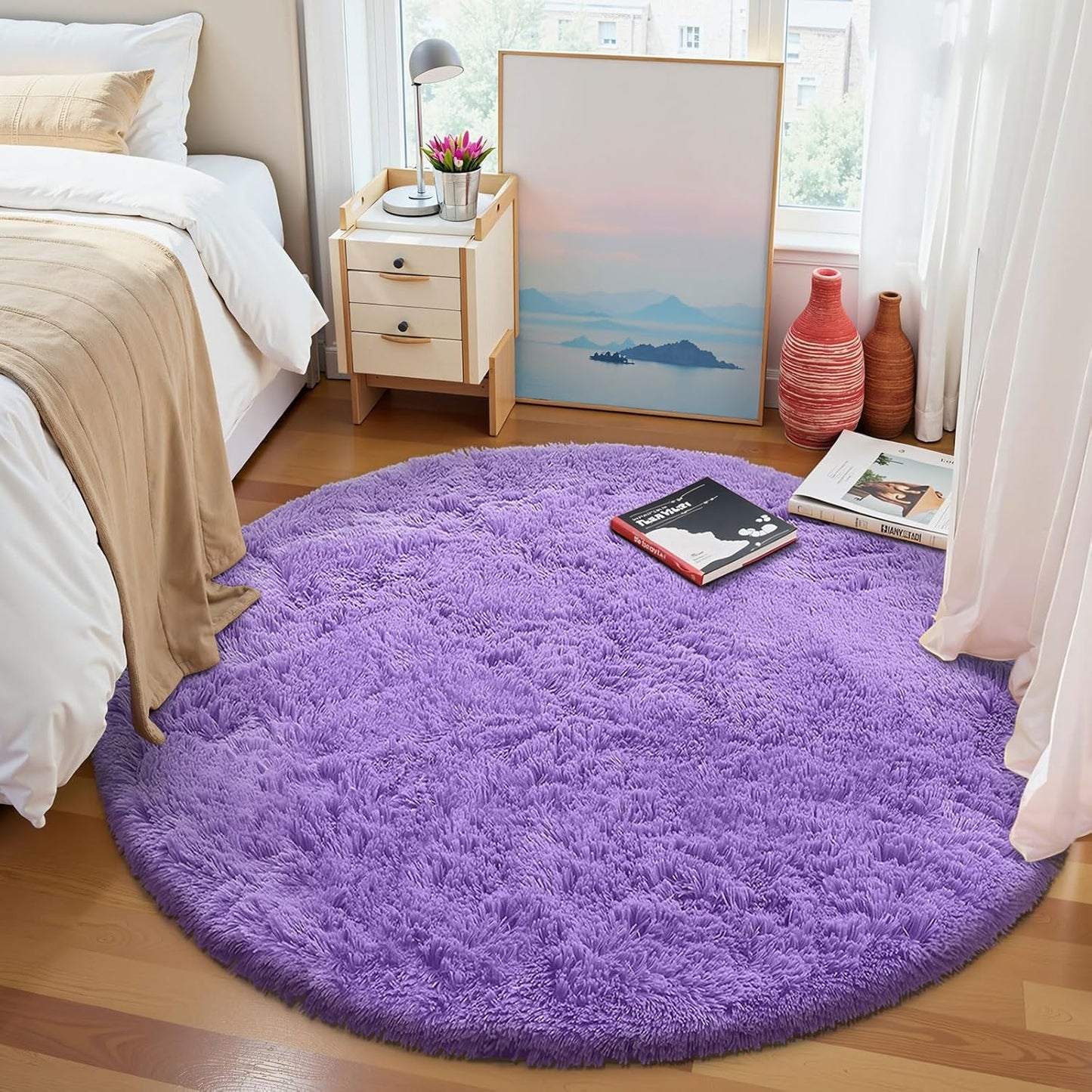 OLANLY Purple Round Area Rug - Soft, Fluffy, Machine Washable 6 ft Circle Carpet for Bedroom & Living Room