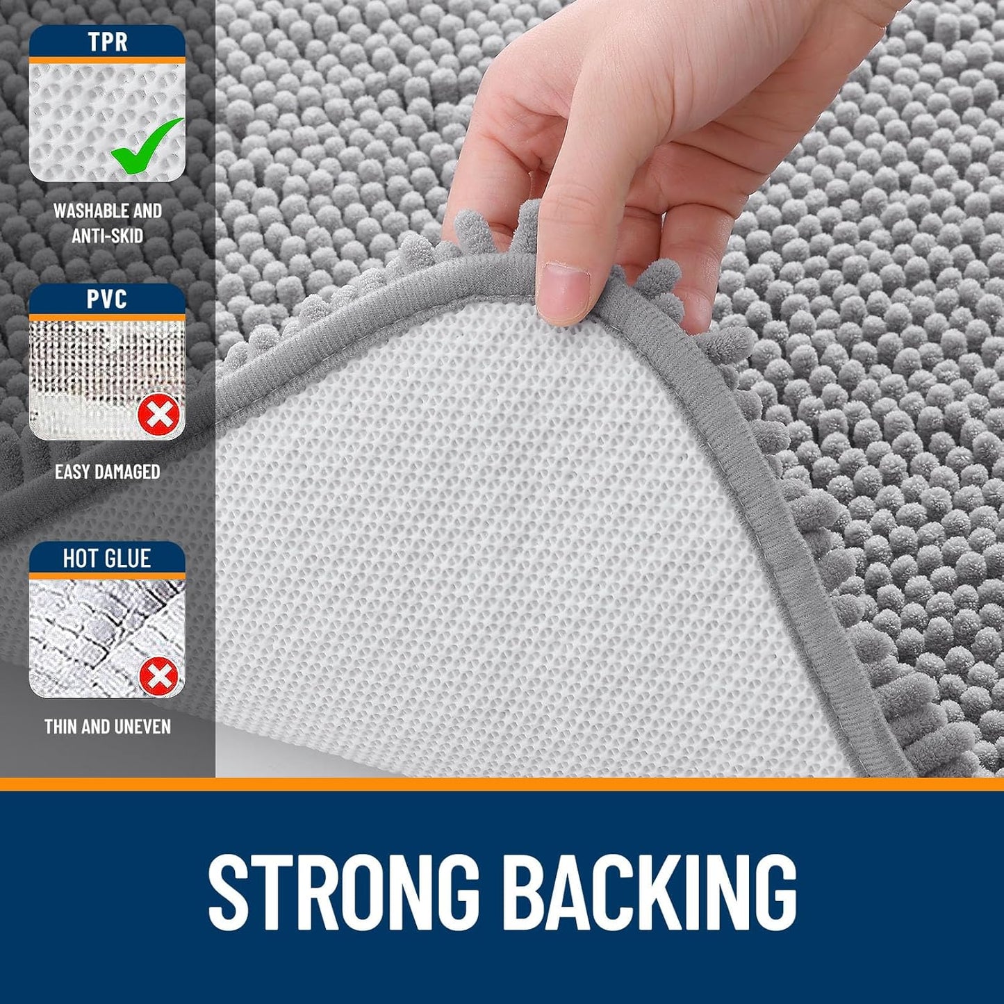 OLANLY Chenille Bath Rug Set - U-Shaped Toilet Rugs & Bath Mat | Grey, 3-Piece Bundle (30x20 & 24x20)