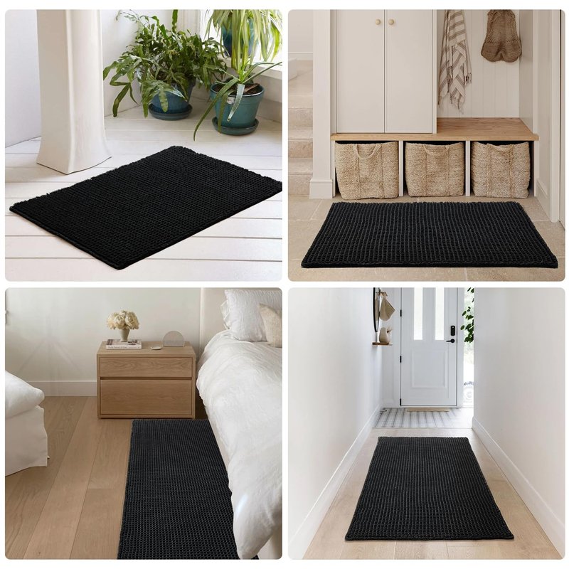 TYUU Black Bathroom Rug, Waffle Bath Mat Non Slip Washable Super Absorbent Quick Dry Boho Farmhouse Bathroom Decor, 36"x24"/ 3'x2' Black