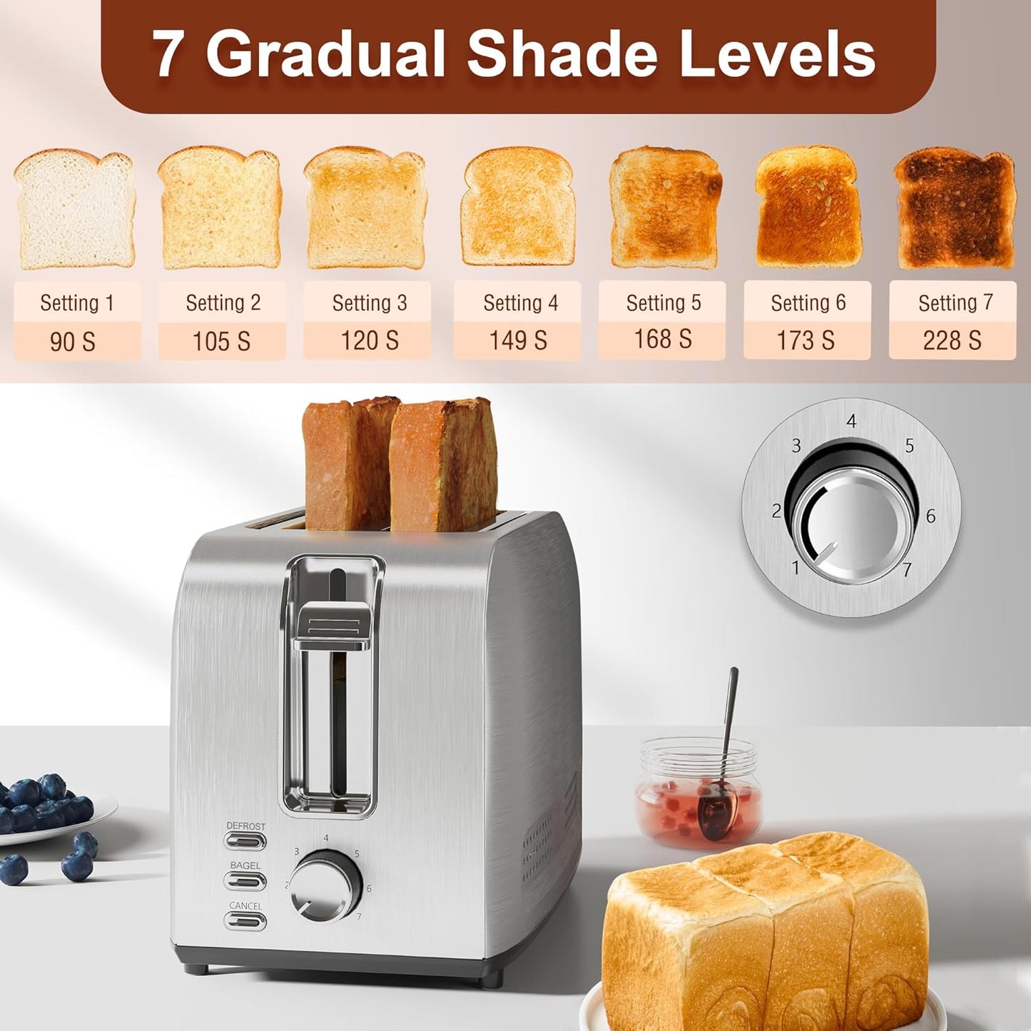 Runnatal 2-Slice Stainless Steel Toaster - Multifunctional with 7 Settings, Defrost & Bagel Functions | Easy to Clean, Silver