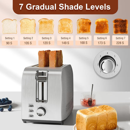 Runnatal 2-Slice Stainless Steel Toaster - Multifunctional with 7 Settings, Defrost & Bagel Functions | Easy to Clean, Silver