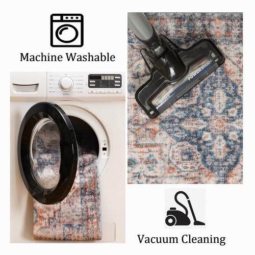 2x8 Hallway Washable Runner Rug : Vintage Soft Kitchen Bathroom Laundry Runner Non Slip Backing Farmhouse Entryway Floor Mat Stain Resistant Carpet for Bedroom Living Room Distressd Beside Rug(Blue)
