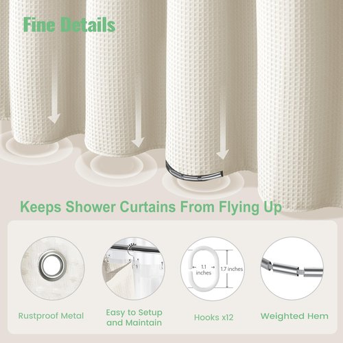 Dynamene Ivory Shower Curtain and Liner Set, Waffle Weave Fabric, Waterproof Clear Liner, 256GSM Heavy Duty Weighted Hotel Luxury Cloth Shower Curtains for Bathroom with 12 Plastic Hooks, 72Wx72H