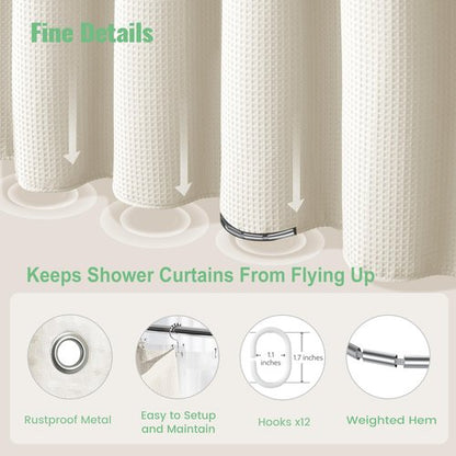 Dynamene Long Shower Curtain and Liner Set - 78 inch Tall Waffle Fabric, Waterproof Clear Liner, Heavy Duty Weighted Hotel Luxury Cloth Shower Curtains for Bathroom with 12 Hooks, 72x78, Ivory