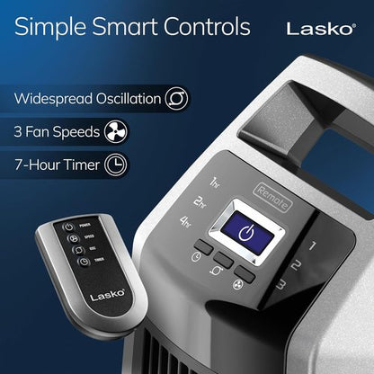 Lasko High Velocity Oscillating Tower Fan - Remote Control, Timer & 3 Speeds | 35" Silver/Black