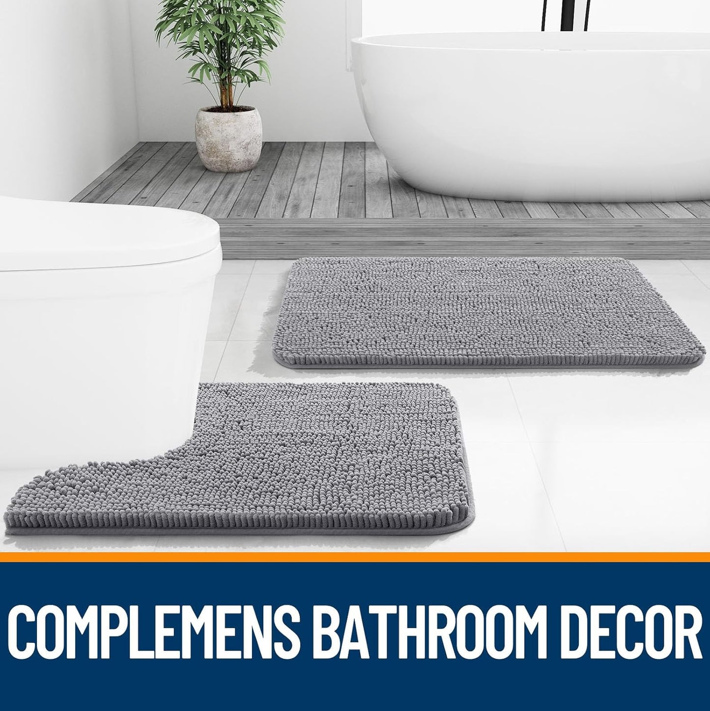 OLANLY Chenille Bath Rug Set - U-Shaped Toilet Rugs & Bath Mat | Grey, 3-Piece Bundle (30x20 & 24x20)