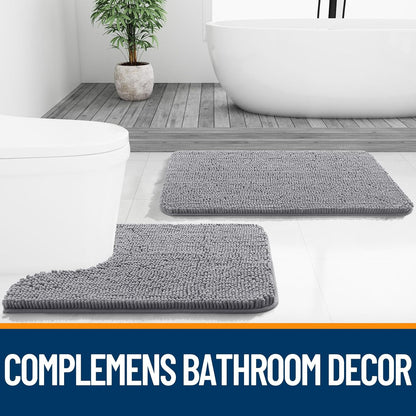 OLANLY Chenille Bath Rug Set - U-Shaped Toilet Rugs & Bath Mat | Grey, 3-Piece Bundle (30x20 & 24x20)