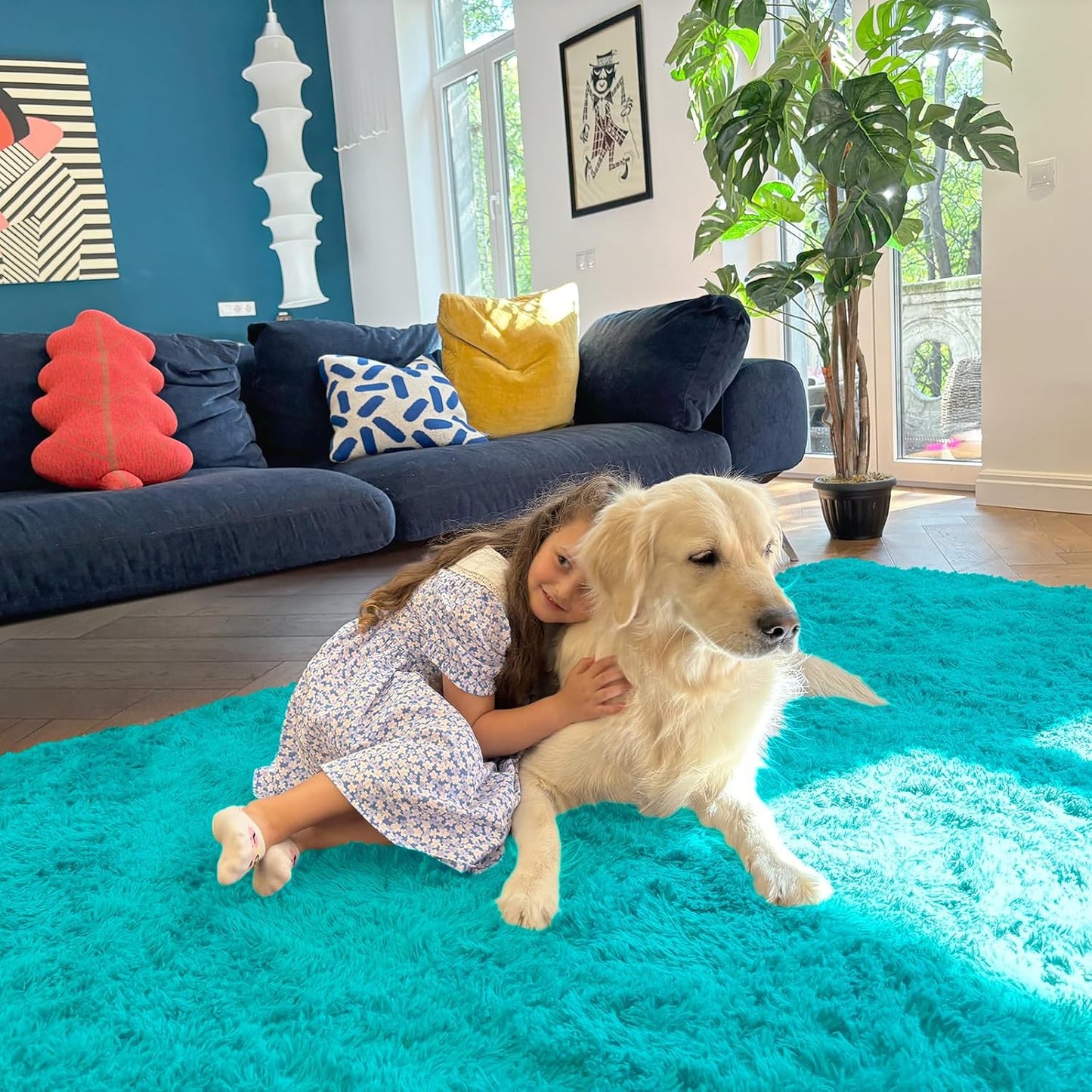 OLANLY 5x7 Soft Fluffy Shag Area Rug - Machine Washable Indoor Carpet for Living Room & Bedroom | Teal Blue