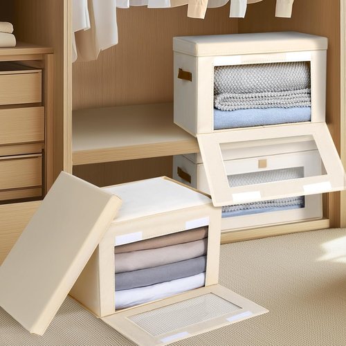 Homsorout Large Closet Storage Bins - Collapsible Clothing Organizer with Handles & Lids | 6 Pack Beige