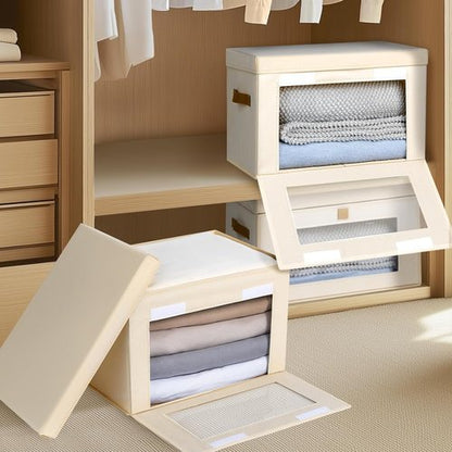 Homsorout Large Closet Storage Bins - Collapsible Clothing Organizer with Handles & Lids | 6 Pack Beige